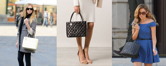 Chiara Ferragni and Lauren Conrad wearing a Chanel Médallion Tote bag and an overview of totes in different leather and colors