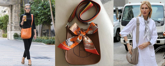Hermès Evelyne bags worn in different ways, also with scarf, in different colors and leather types