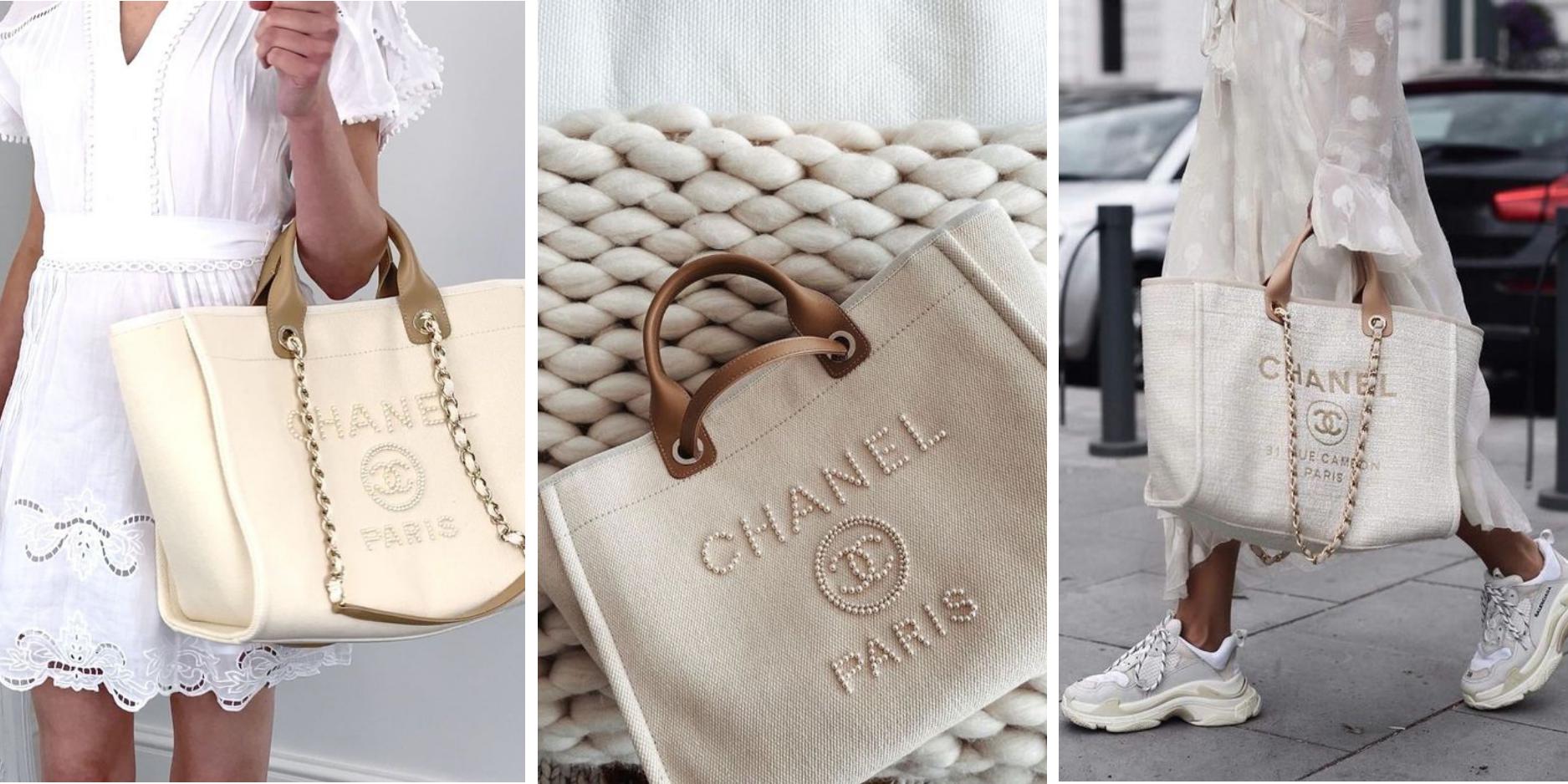 Chanel Deauville Medium Canvas Beige  White  SACLÀB