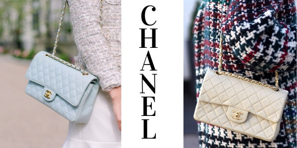 Chanel Classic Flap Bag Medium i pastelblå og i beige med guldfarvet hardware