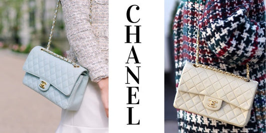Chanel Classic Flap Bag Medium in Pastellblau und in Beige mit goldfarbener Hardware