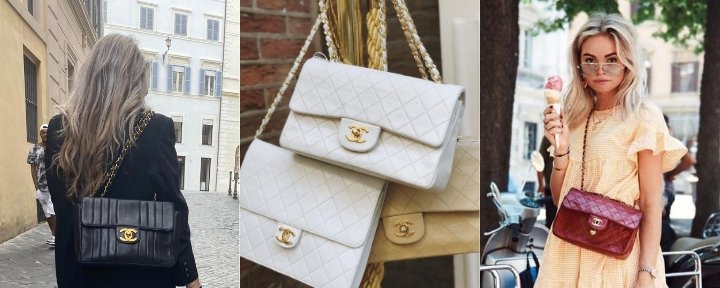 Tre billeder af forskellige stilarter Chanel Classic Flap bag.