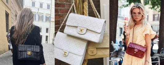 Tre foton av olika stilar Chanel Classic Flap bag.