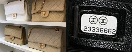 Indsamling af Chanel tasker 2023 til venstre, og et nærbillede af en Chanel serienummer 2023, til højre.