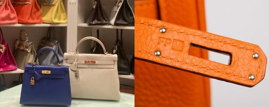 Til højre; en samling af Hermès poser. Til venstre; viser, hvad datostemplet på Hermès ser ud som inde i tasken.