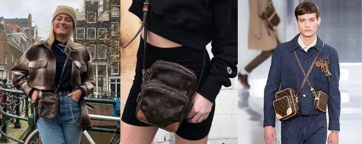 Tre modeller poserer med Louis Vuitton Amazon cross body taske.