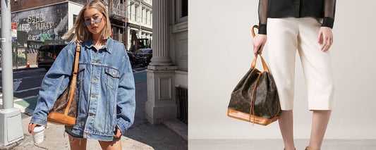 Header för blogg om Louis Vuitton Noé. Två flickor poserar med väskan.