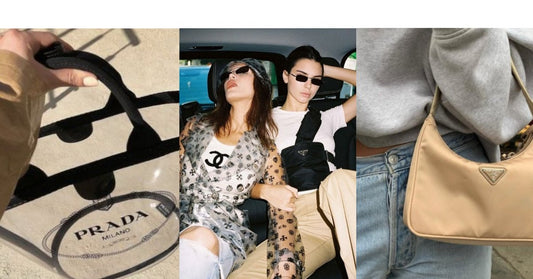 Forskellige Prada tasker på modeller og nærbilleder af outfits