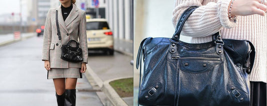 Twee foto's van meisjes die poseren met de Balenciaga Classic City bag.