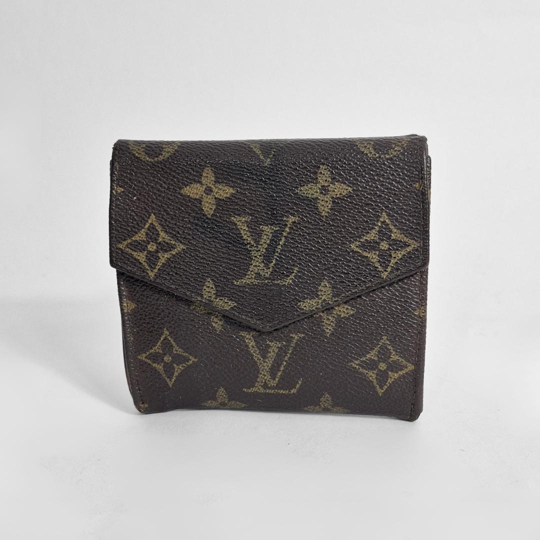 Louis Vuitton wallet with monogram pattern on a white background