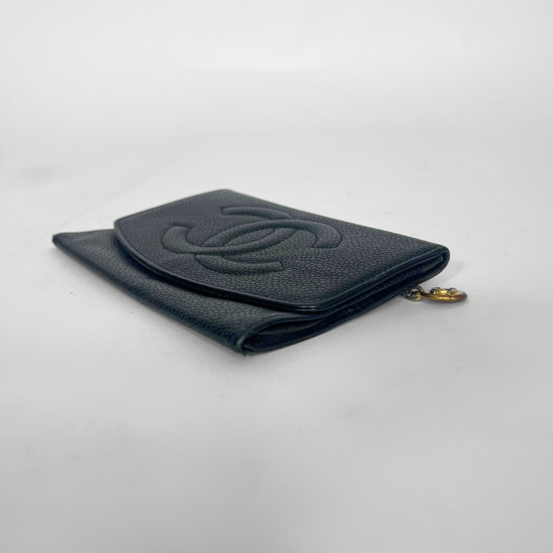 Black wallet with gold zipper on a light gray background