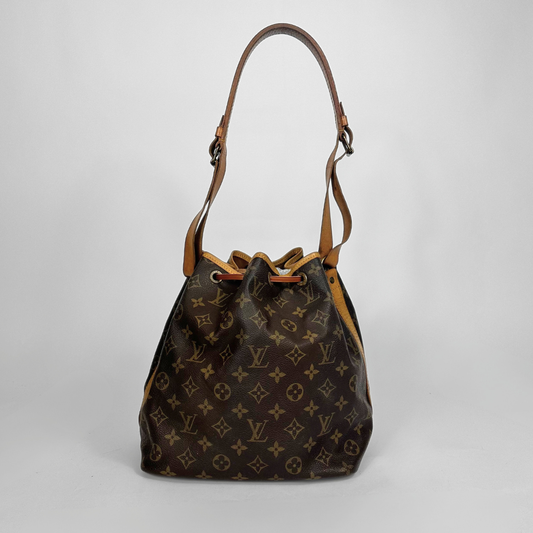 Brown monogram handbag on a light gray background
