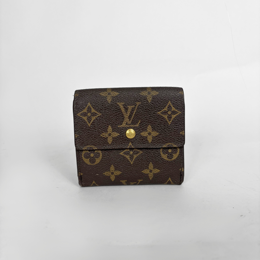 Brown wallet with gold monogram pattern on a white background
