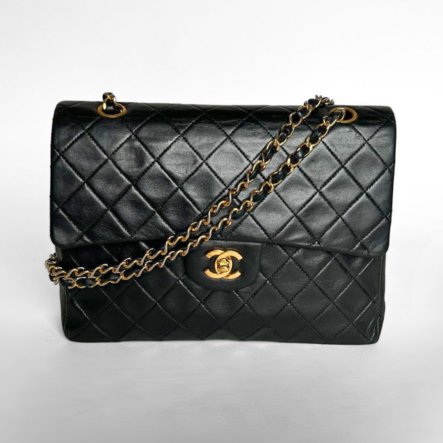 Chanel Double Flap 25 Quilted Cc Logo Lambskin Chain Black Leather
