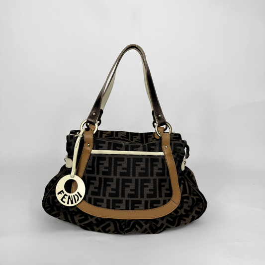 Fendi Zucca monogram canvas shoulder bag with letaher trim and a large white cicular FENDI charm.