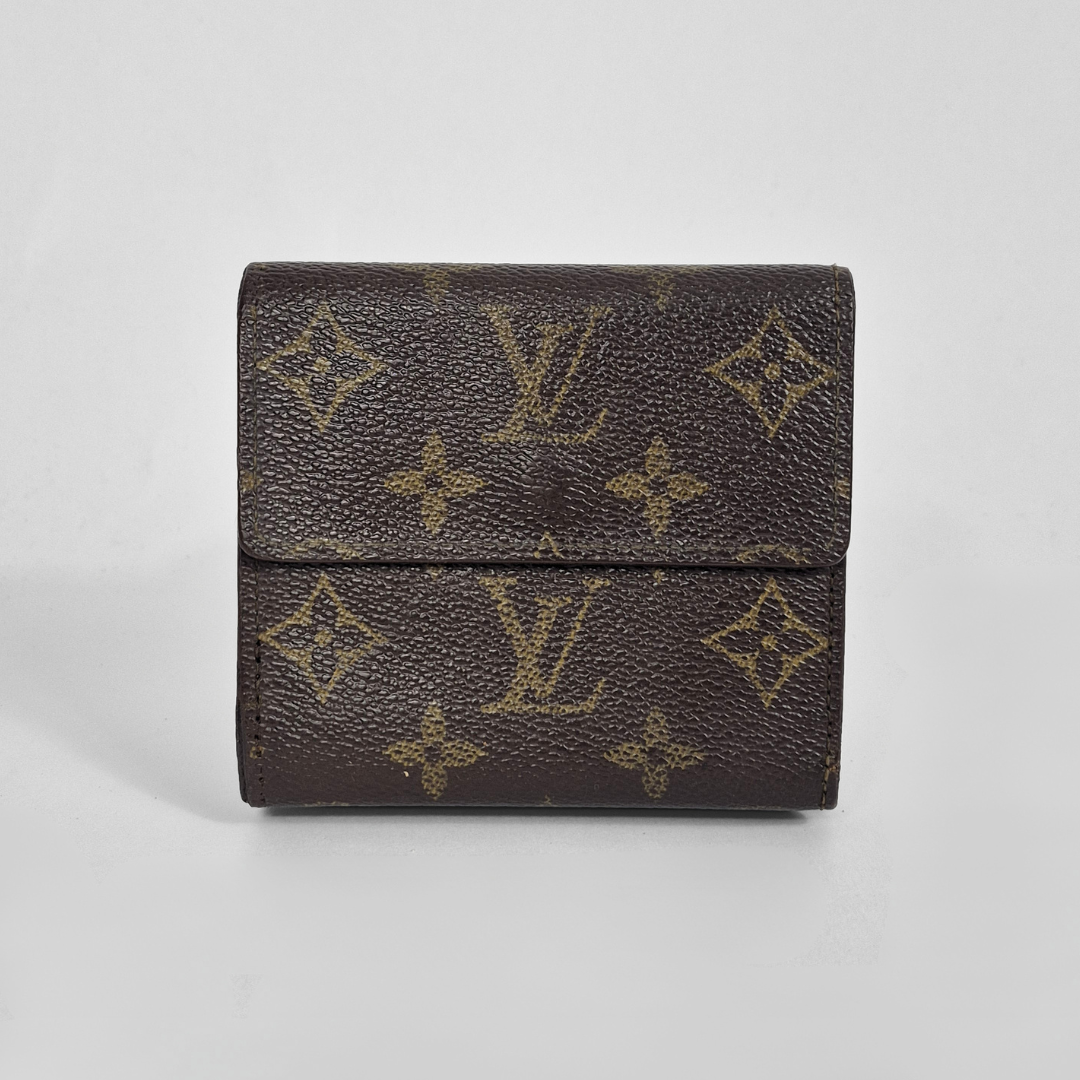 Brown wallet with monogram pattern on a light gray background