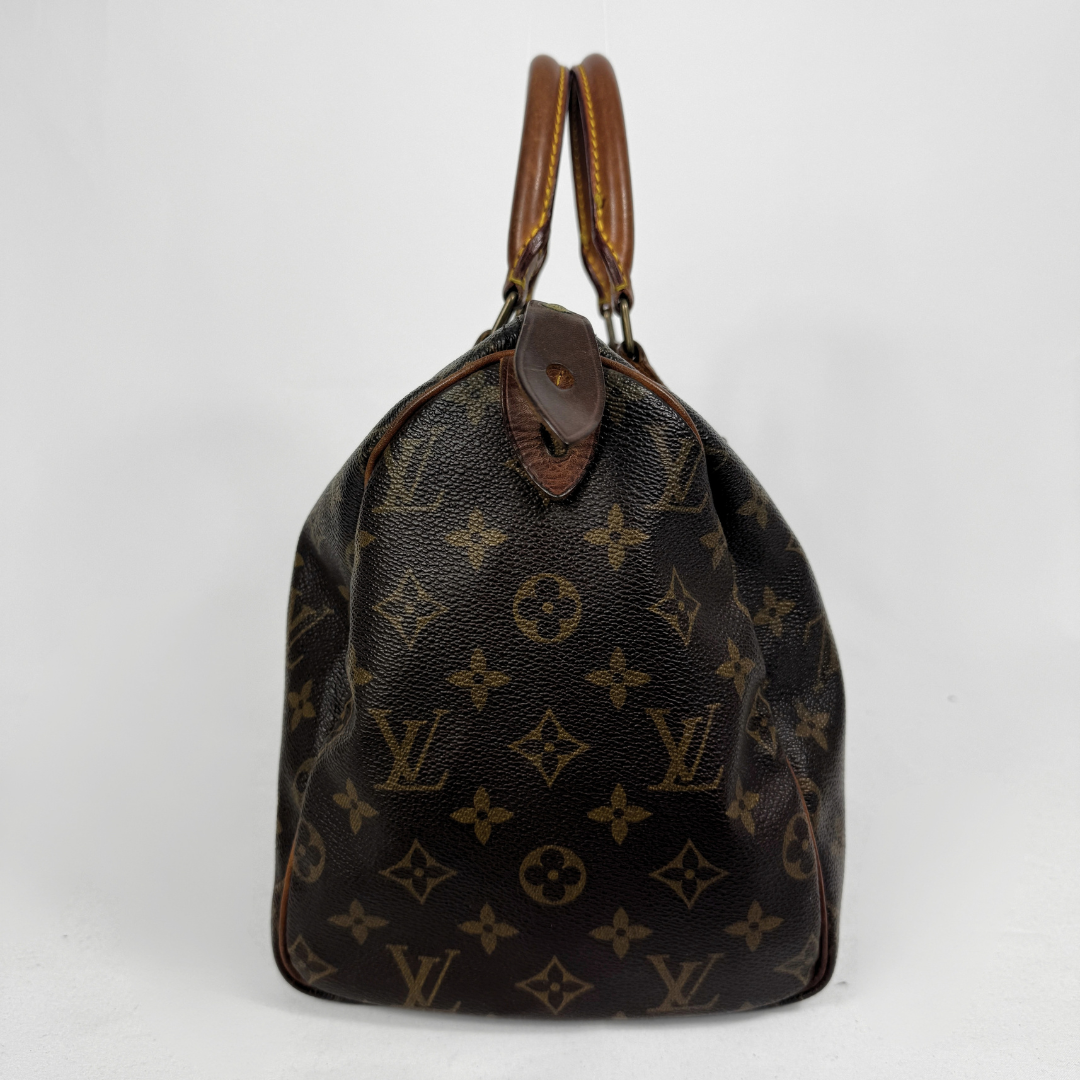 A Louis Vuitton monogram canvas Speedy bag with dark brown leather handles and trim, photographed against a plain light gray background.