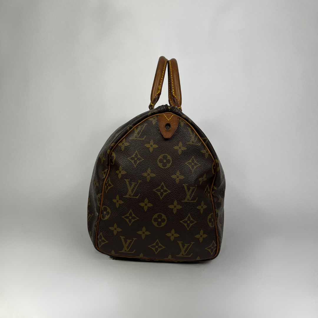 A Louis Vuitton monogram canvas Speedy bag in dark brown with tan leather handles, photographed against a neutral gray background.