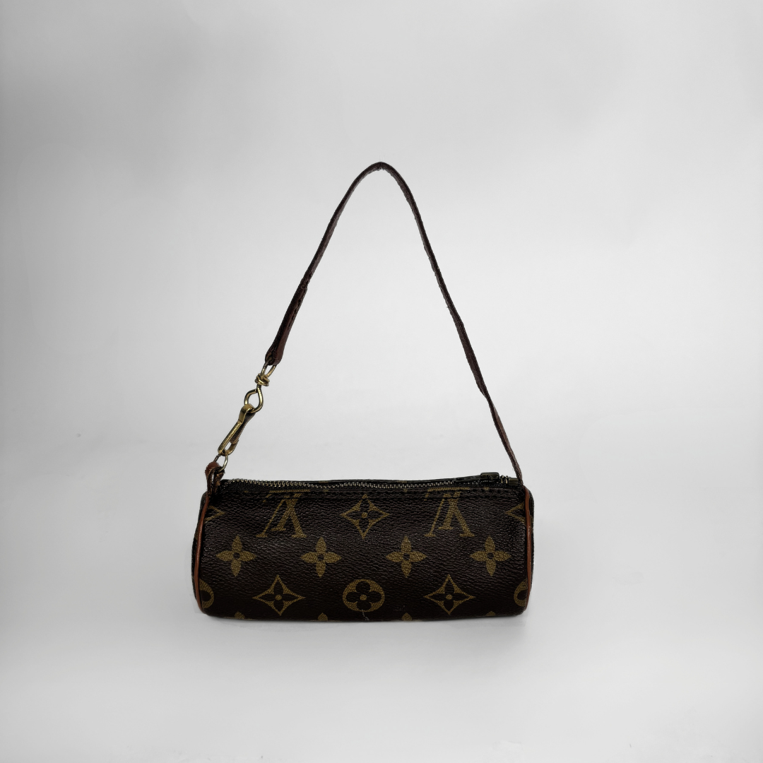 A Louis Vuitton monogram canvas shoulder bag in dark brown with gold-tone hardware, shown against a neutral light gray background.