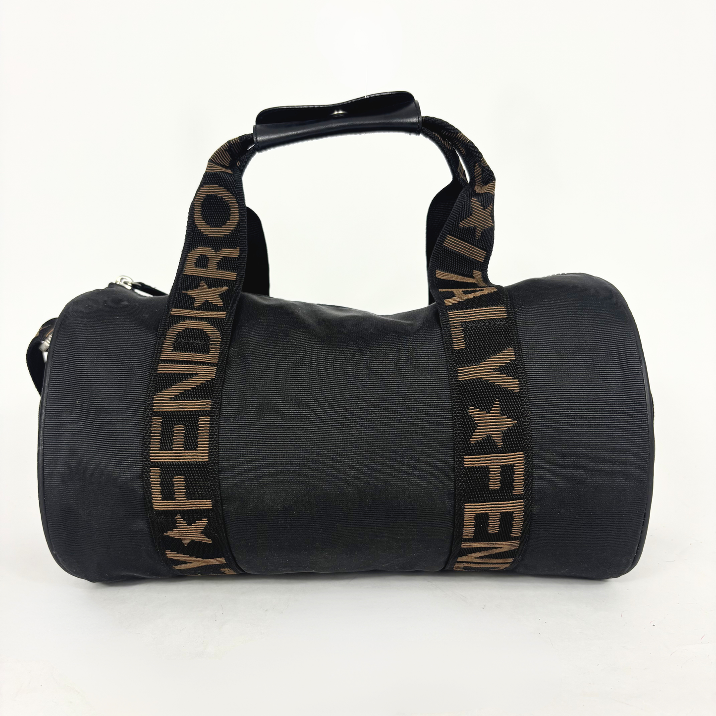 Black duffel bag with 'FENDI' logo on a white background