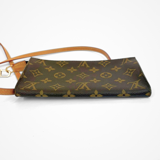 LV pouch with monogram pattern on a white background