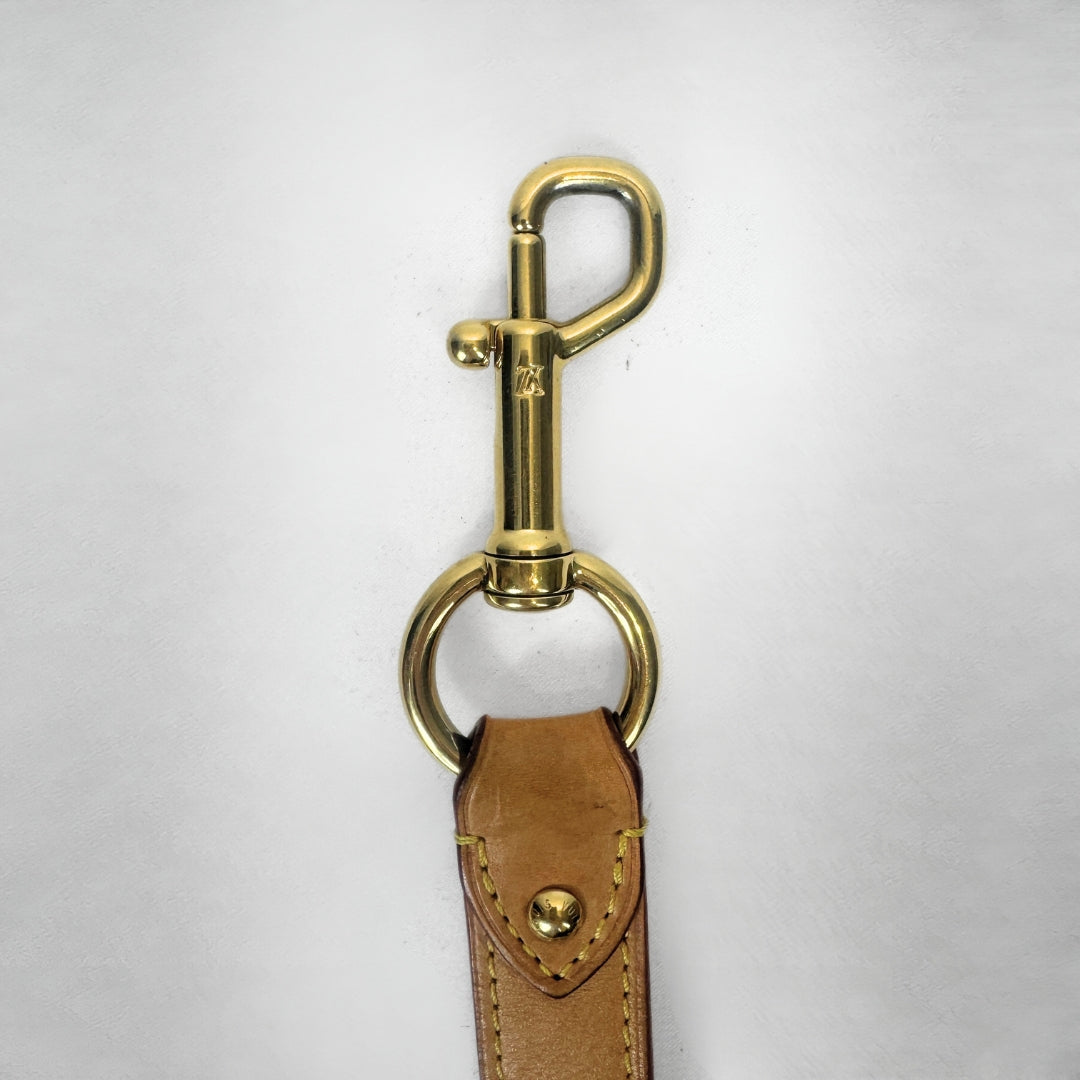 Louis Vuitton strap with a light background. Showing the hardware.