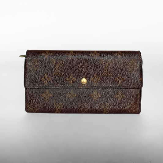 A Louis Vuitton monogram canvas long wallet in dark brown with a gold snap button closure, photographed against a neutral light gray background.