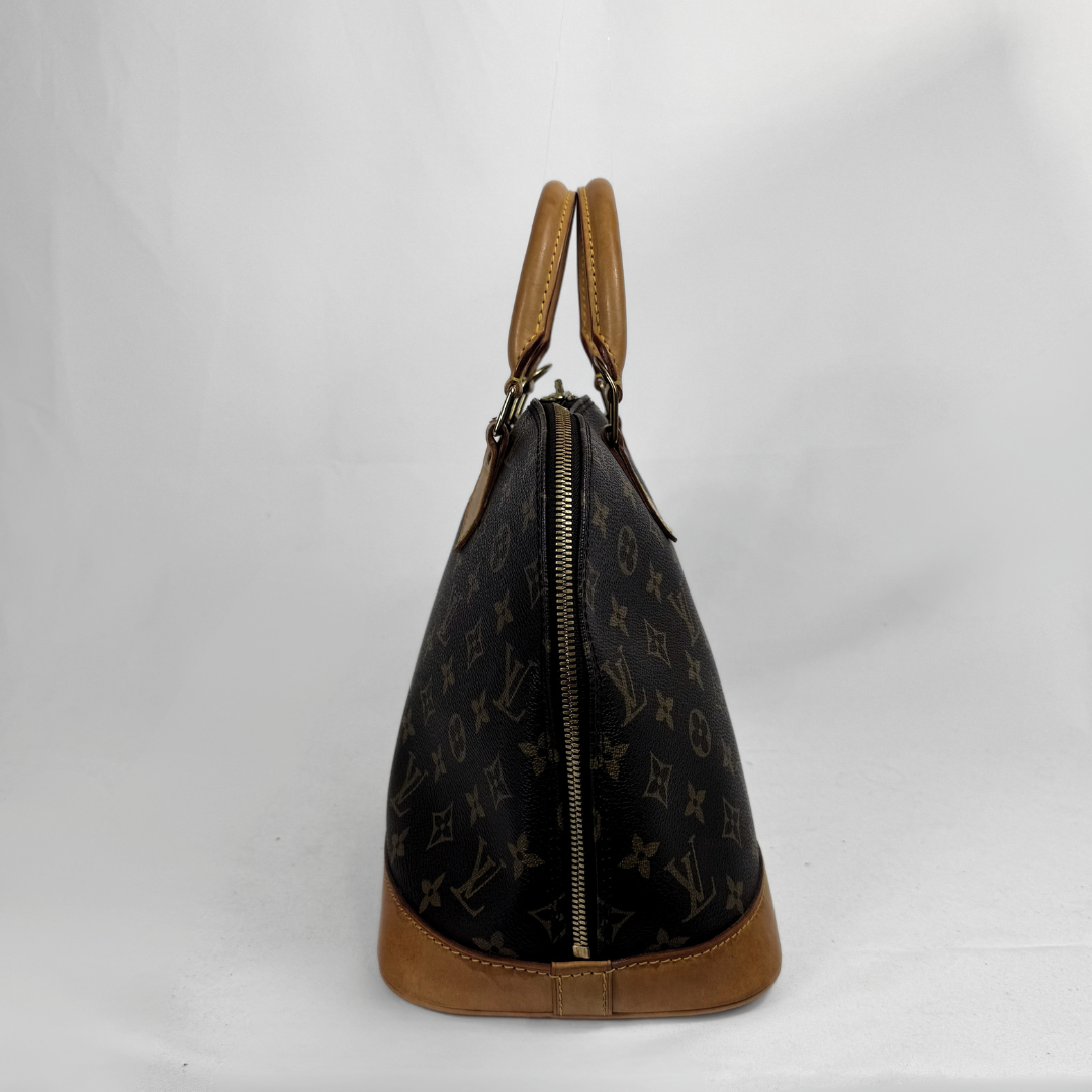 Louis Vuitton monogram canvas handbag with tan leather trim and handles, shown from the back on a white studio background.