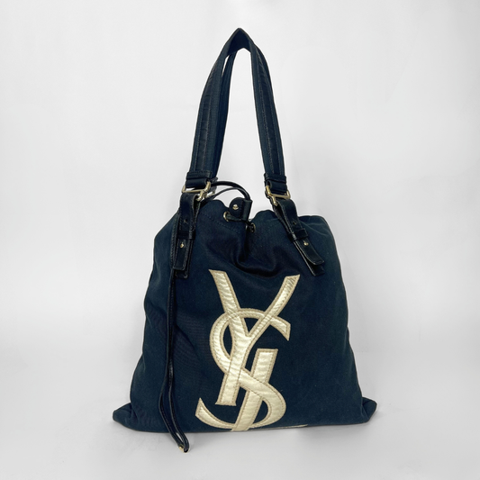 Navy blue titebag with a white logo on a white background