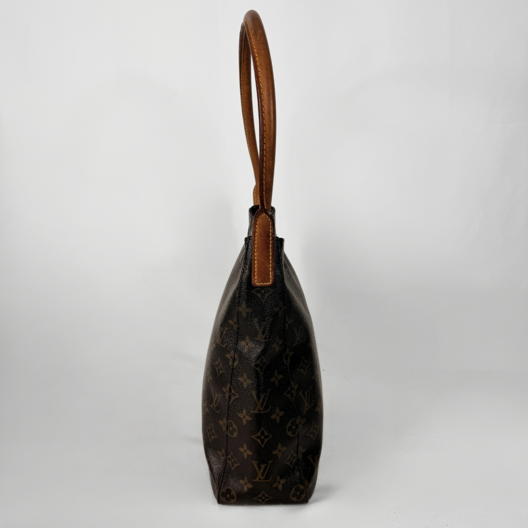 Louis Vuitton monogram canvas shoulder bag in dark brown with tan leather trim and a single top handle, shown from the side against a light gray background.