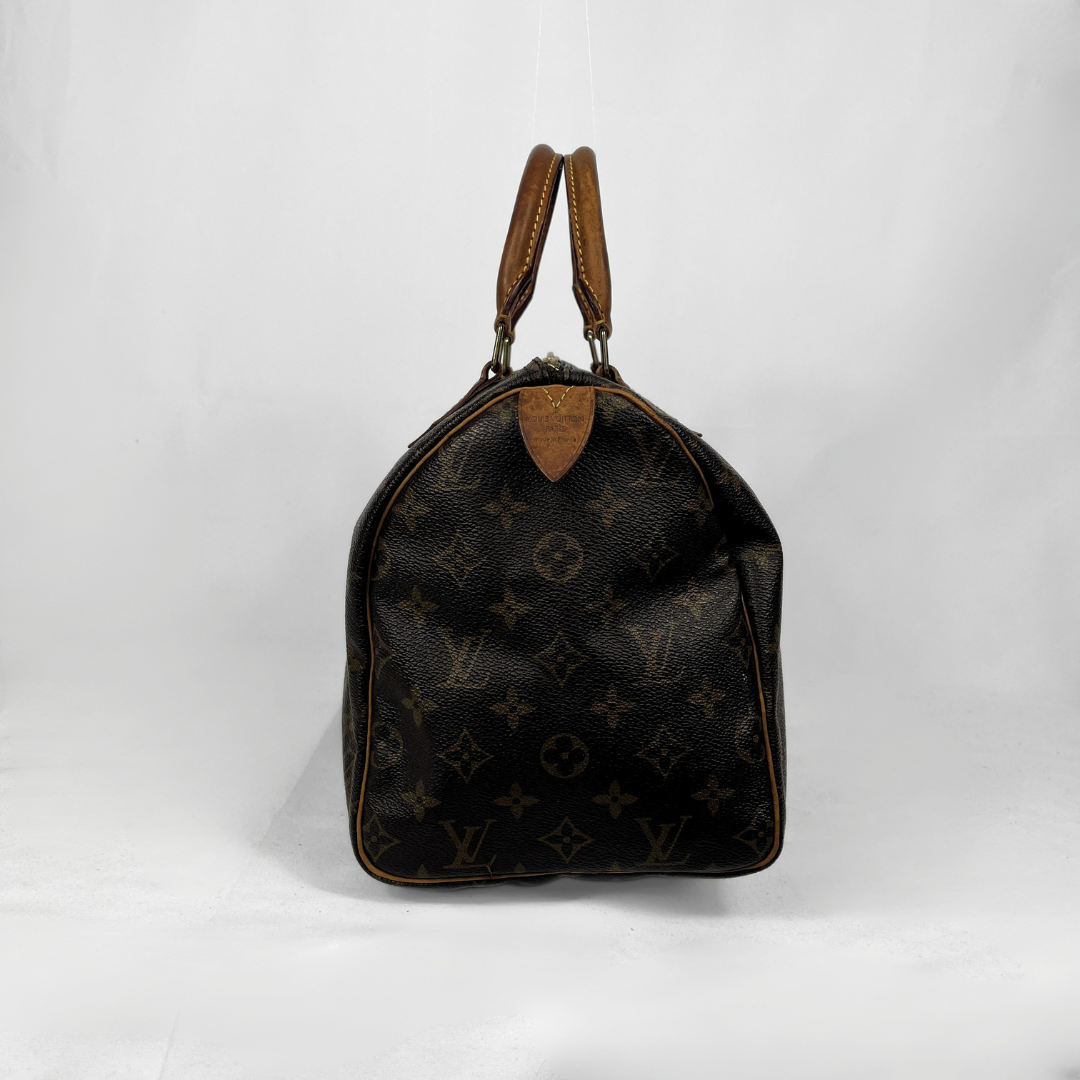 A Louis Vuitton monogram canvas Speedy handbag in dark brown with tan leather handles and trim, photographed against a light gray studio background.