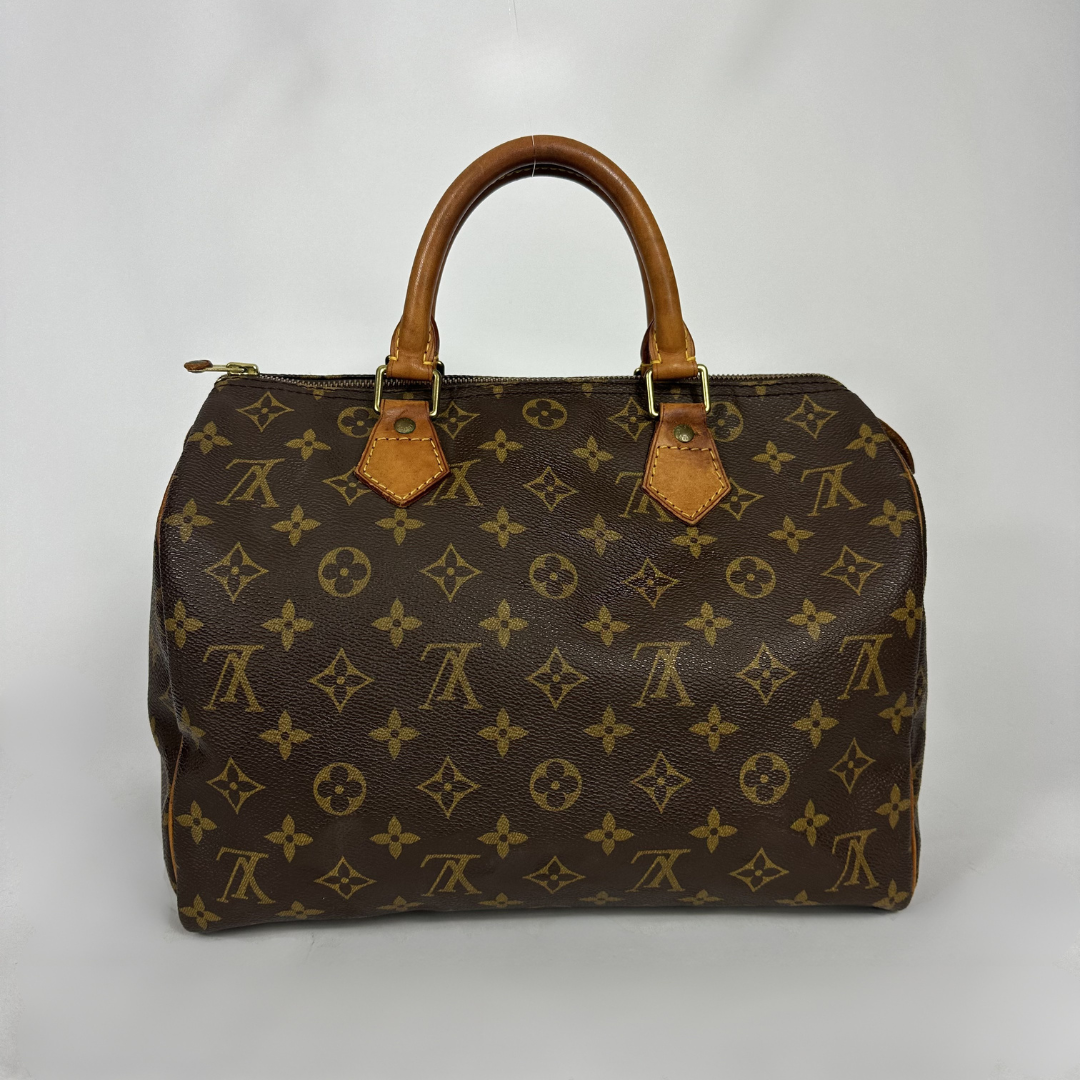 A classic Louis Vuitton monogram canvas Speedy handbag with brown leather handles and gold-tone hardware, photographed against a neutral light gray background.