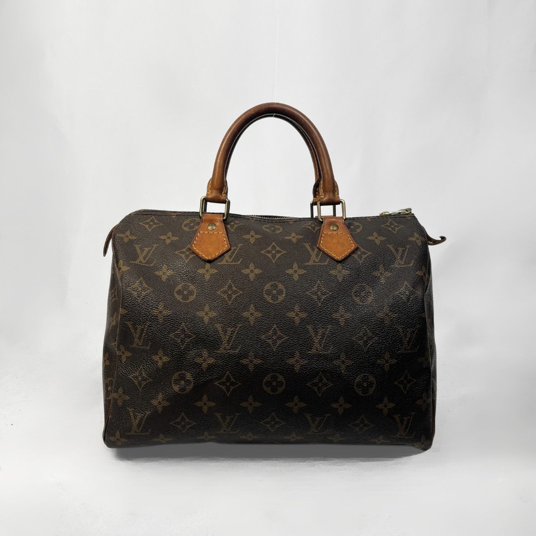 A Louis Vuitton monogram canvas Speedy handbag with brown leather handles and gold-tone hardware, photographed against a plain white background.