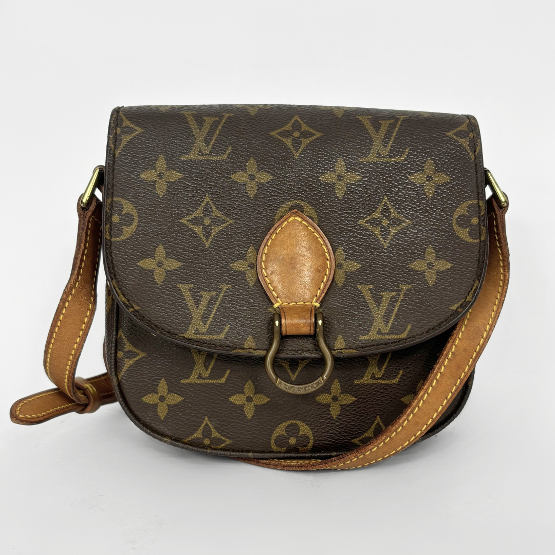 Louis Vuitton monogram handbag on a light gray background