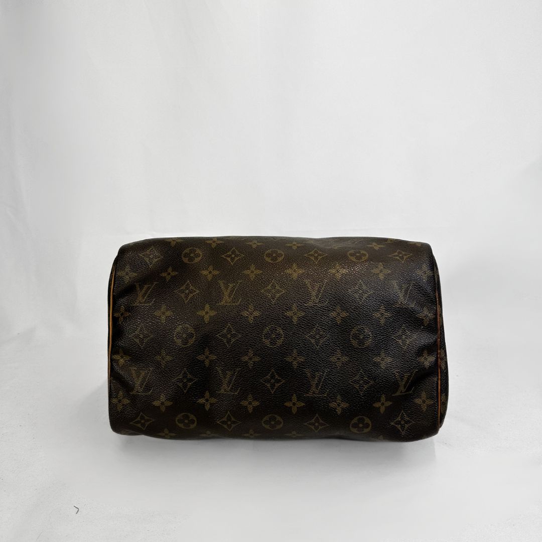A Louis Vuitton monogram canvas shoulder bag in dark brown with tan monogram motifs, photographed against a plain white background.