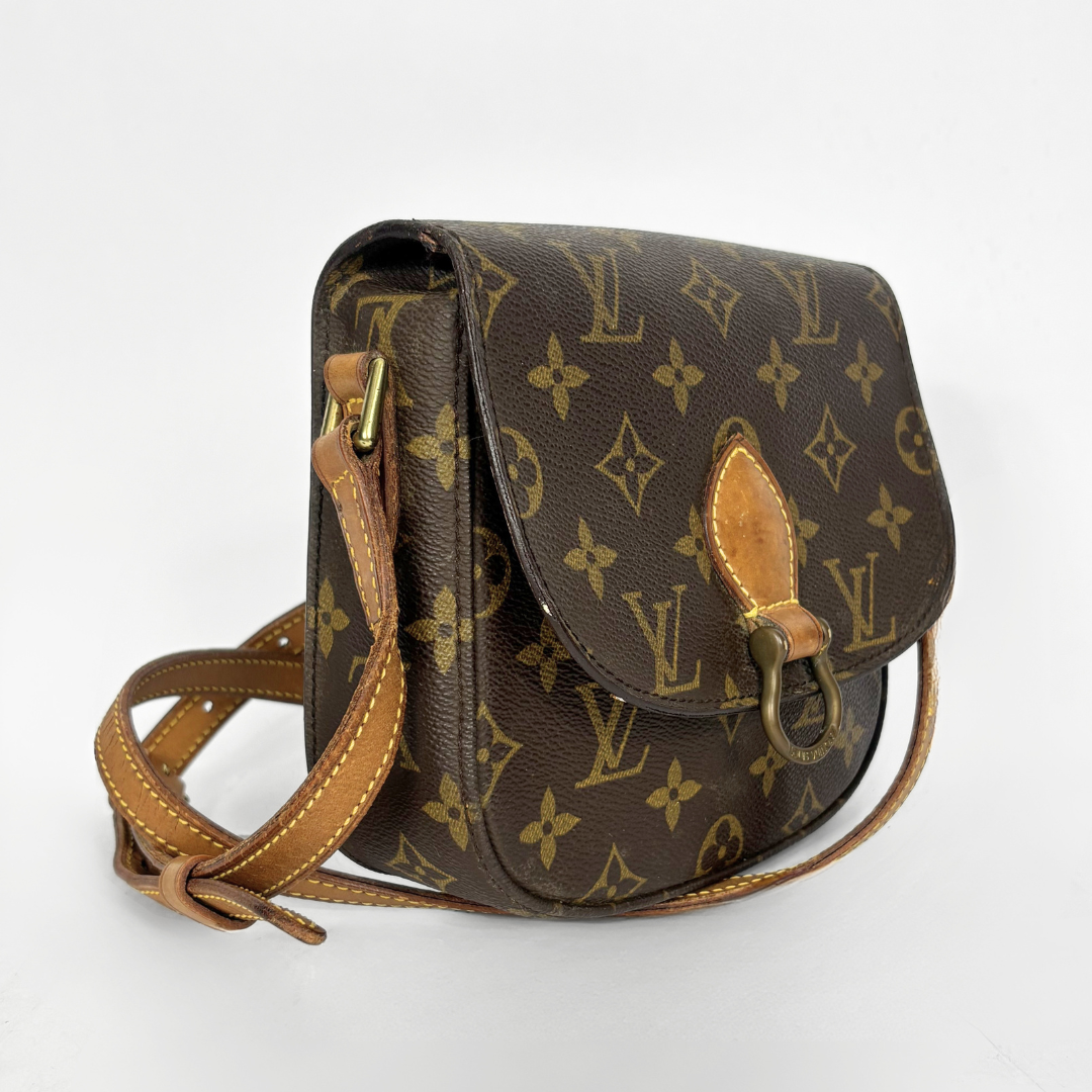 Louis Vuitton monogram handbag on a light gray background