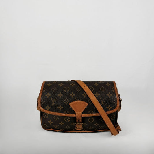 A Louis Vuitton monogram canvas shoulder bag with tan leather trim and strap, shown against a plain light gray background.