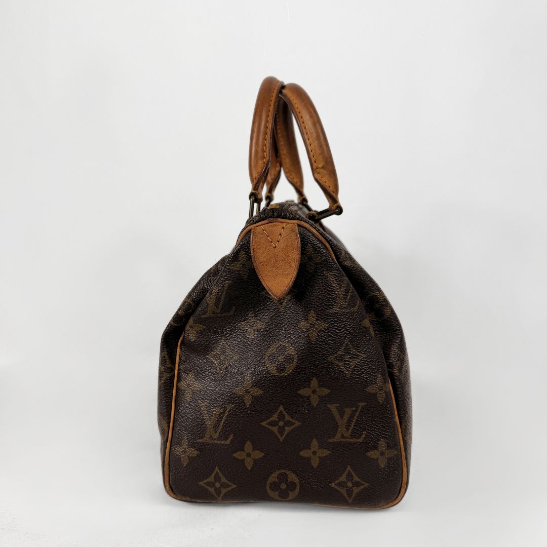 A Louis Vuitton monogram Speedy bag in dark brown coated canvas with tan leather handles and trim, photographed against a plain light gray background.