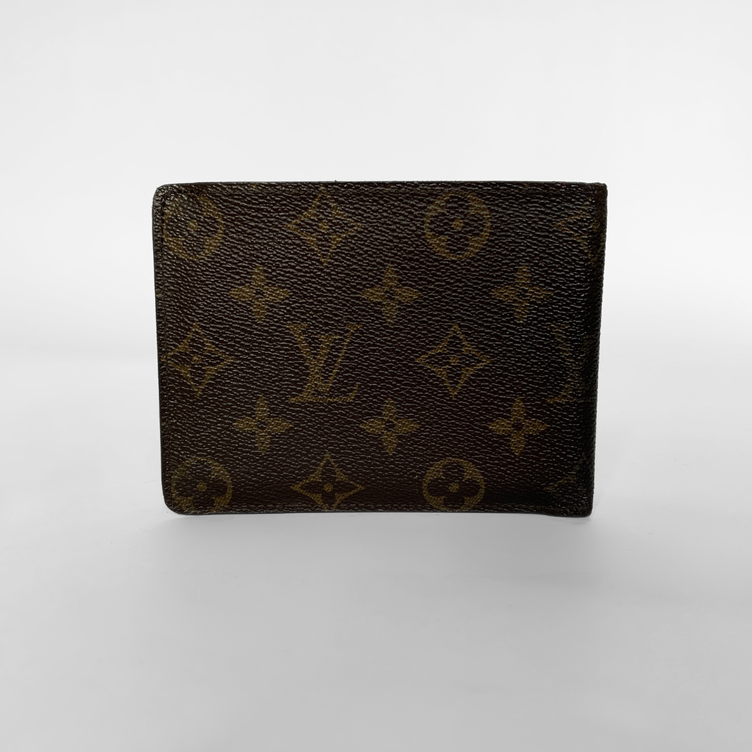 A Louis Vuitton monogram bifold wallet in dark brown coated canvas with the classic tan/gold LV monogram pattern, shown against a neutral light gray background.