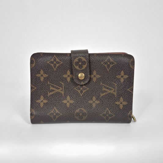 Louis Vuitton wallet with monogram pattern on a white background
