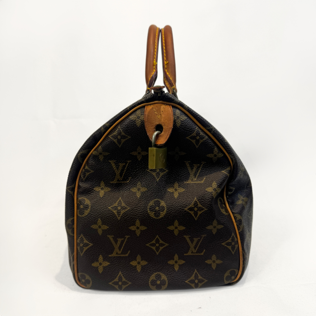 A Louis Vuitton monogram canvas Speedy handbag with brown leather handles and trim, photographed against a plain white background.