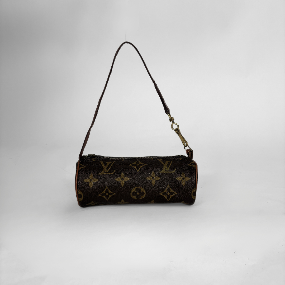 A Louis Vuitton monogram canvas shoulder bag with a dark brown body, tan monogram pattern, and a matching brown leather strap with gold-tone hardware, shown against a light gray studio background.