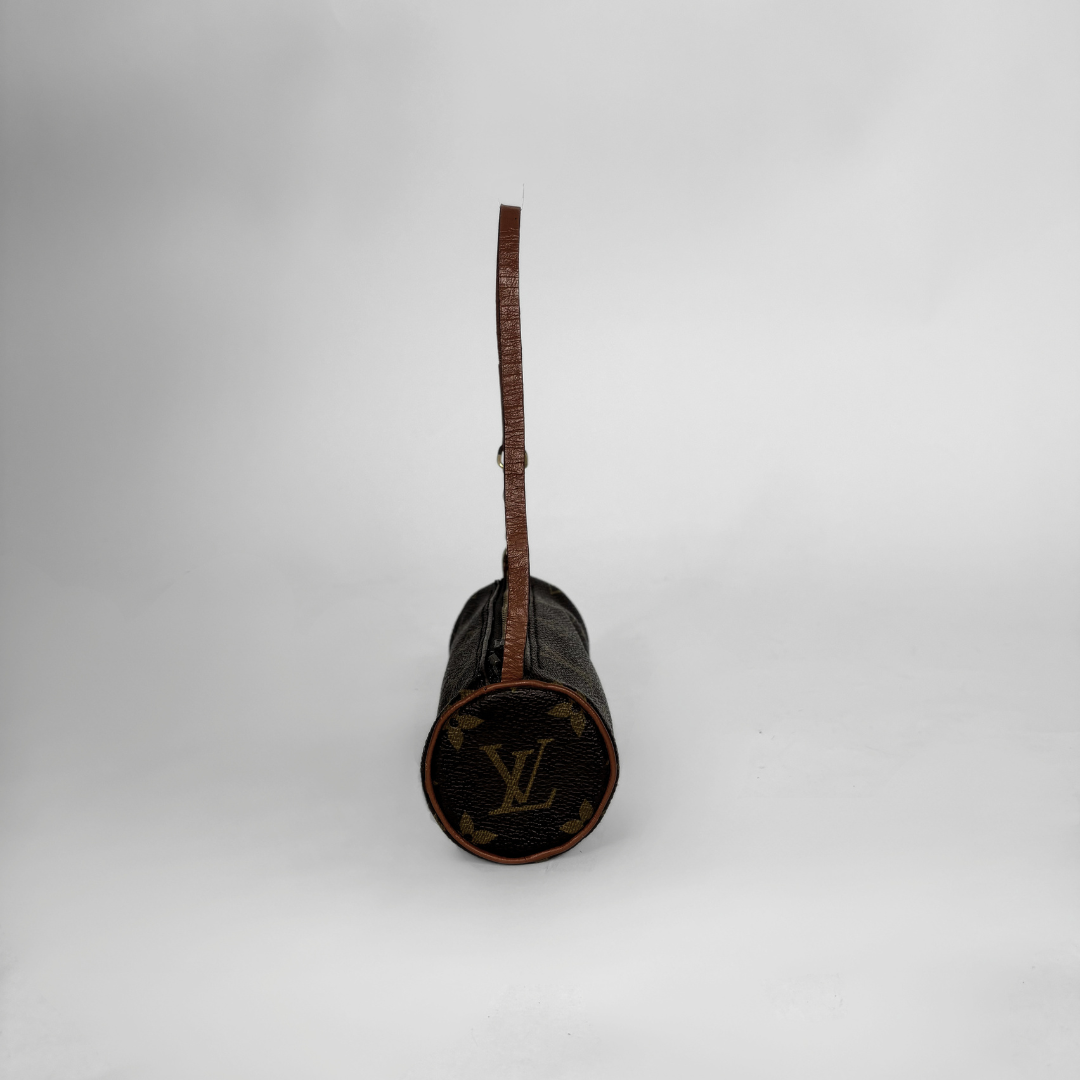 A Louis Vuitton shoulder bag in dark brown monogram canvas with a brown leather strap, shown from a side angle against a light gray background.