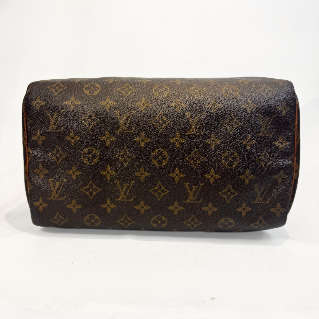 Louis Vuitton monogram canvas speedy bag in brown and tan, photographed against a plain white background.