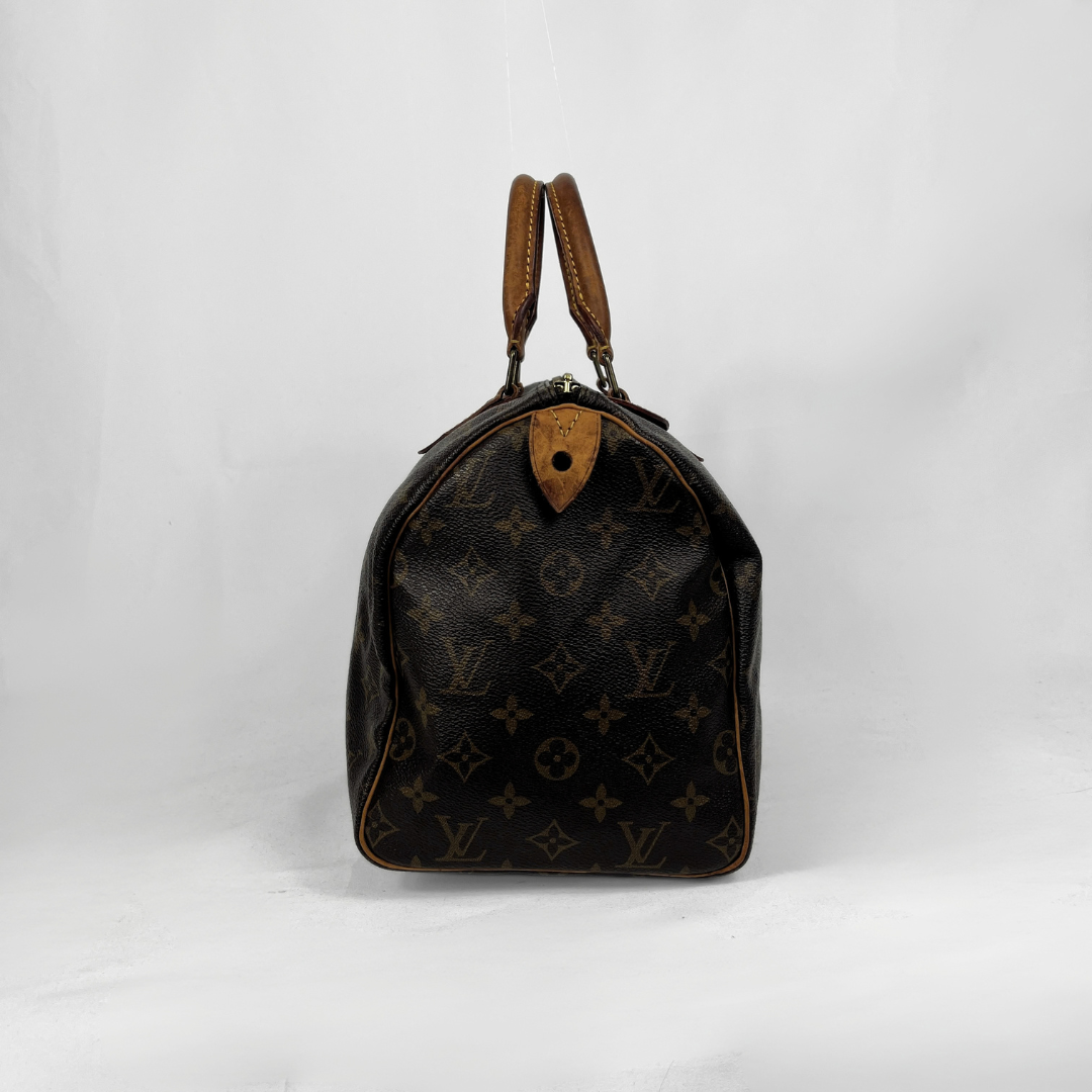 A Louis Vuitton monogram canvas Speedy handbag in dark brown with tan leather handles and trim, photographed against a light gray studio background.