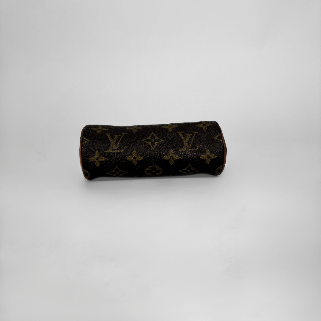 A Louis Vuitton monogram canvas pouch  featuring the classic dark brown and tan monogram pattern, photographed on a neutral light gray background.