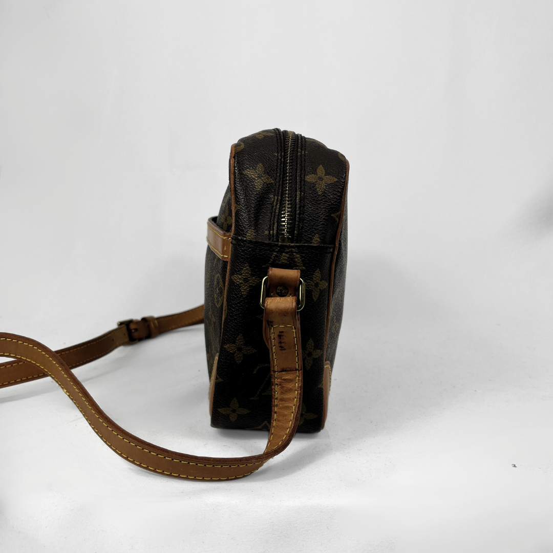 A Louis Vuitton monogram canvas shoulder bag in dark brown and tan, featuring the classic LV monogram pattern and tan leather trim, shown against a white background.