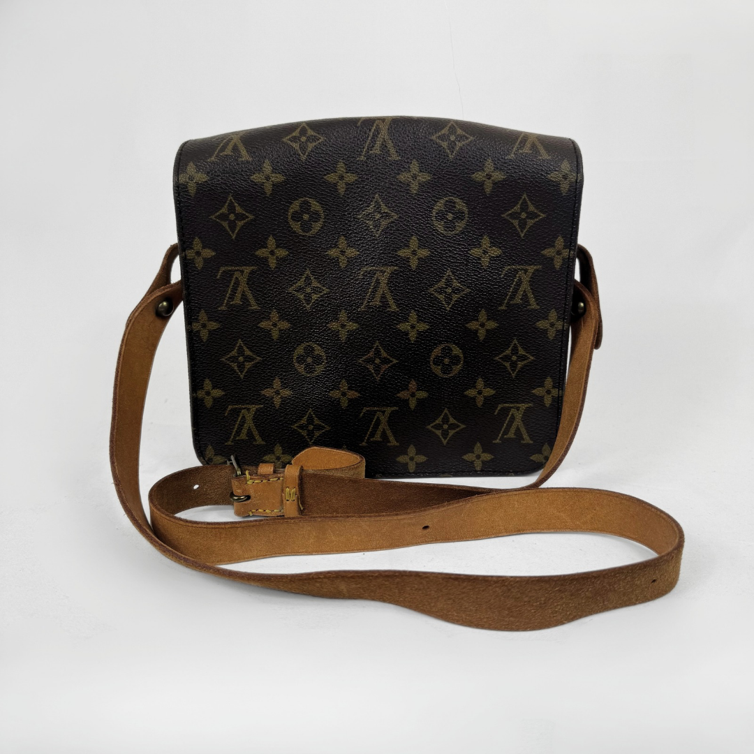 A Louis Vuitton monogram canvas shoulder bag with a brown leather strap, displayed on a clean white background.
